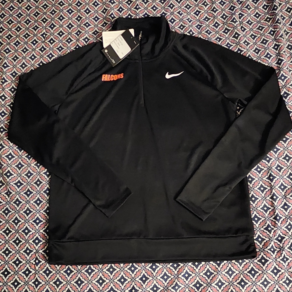 NWT, LADIES, NIKE, MEDIUM, BLACK,QUARTER ZIP, ORANGE FALCONS LOGO